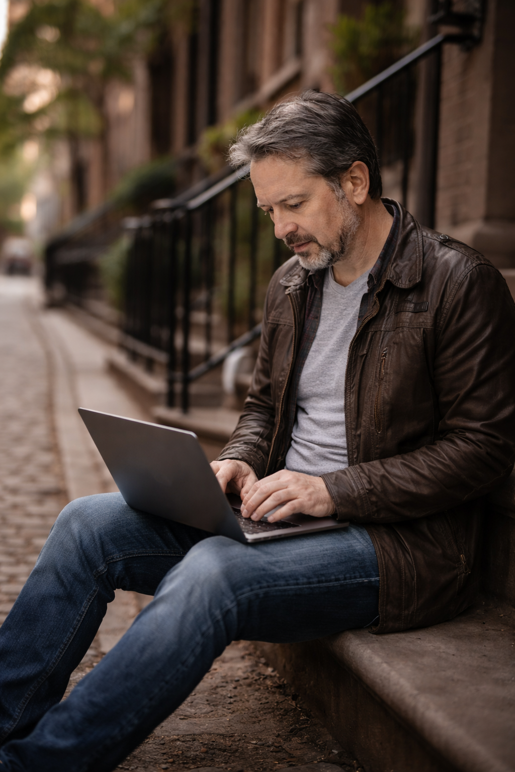 Jeff sitting on a city stoop working on a laptop